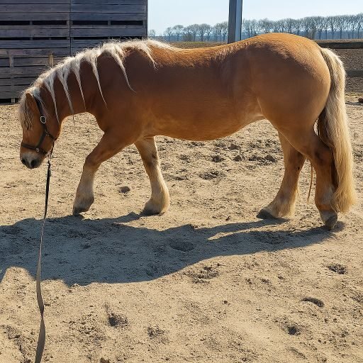 Een lichtbruine pony met gevlochten manen loopt aan een lange lijn in een zandpaddock. De pony beweegt rustig met het hoofd omlaag, terwijl op de achtergrond houten pallets en een veld met bomen zichtbaar zijn. De scène straalt samenwerking en vertrouwen uit, passend bij de activiteit grondwerk waarbij kinderen leren omgaan met pony’s zonder te rijden.