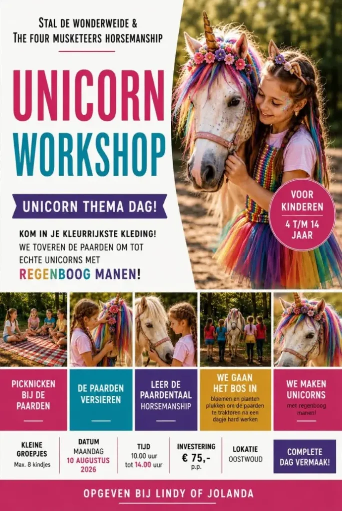 Meisje met een kleurrijke unicornpony tijdens de Unicorn Workshop van De Wonderweide.
