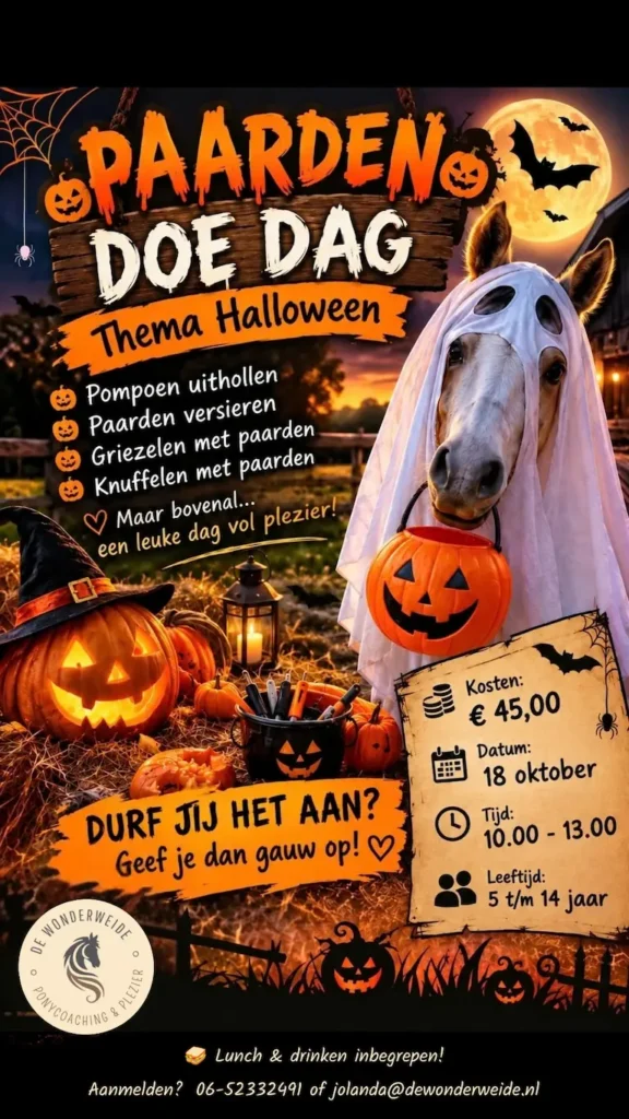 Halloween Paardendag bij De Wonderweide met verkleed paard en pompoenen